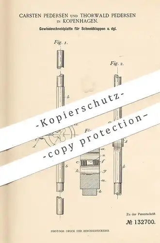 original Patent - Carsten & Thorwald Pedersen , Kopenhagen / Dänemark , 1901 , Gewindeschneidplatte für Schneidkluppe