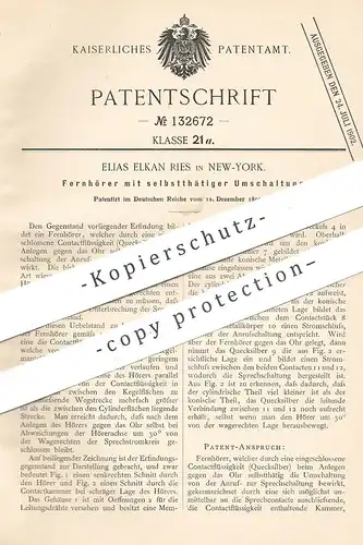 original Patent - Elias Elkan Ries , New York , 1899 , Fernhörer mit selbsttätiger Umschaltung | Telefon , Fernsprecher