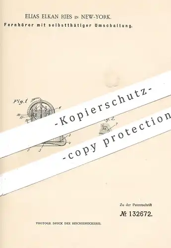 original Patent - Elias Elkan Ries , New York , 1899 , Fernhörer mit selbsttätiger Umschaltung | Telefon , Fernsprecher