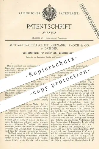 original Patent - Automaten Gesellschaft Germania Knoch & Co. Dresden , 1889 , Kontaktscheibe für elektrische Schaltung