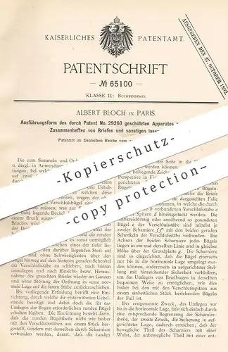 original Patent - Albert Bloch , Paris , Frankreich , 1891 , Aktenordner | Unterlagen Ordner | Mappe , Mappen , Papier