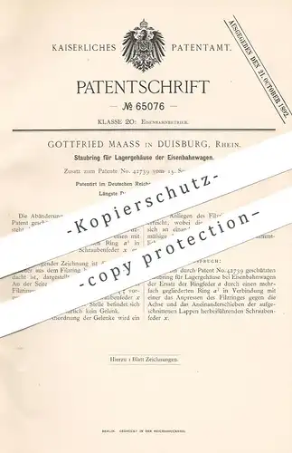 original Patent - Gottfried Maass , Duisburg / Rhein , 1892 , Staubring für Lagergehäuse an Eisenbahnen | Eisenbahn !!