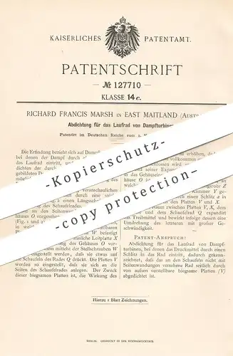original Patent - Richard Francis Marsh , East Maitland , Australien , 1899 , Dichtung für Laufrad von Dampfturbine !!!