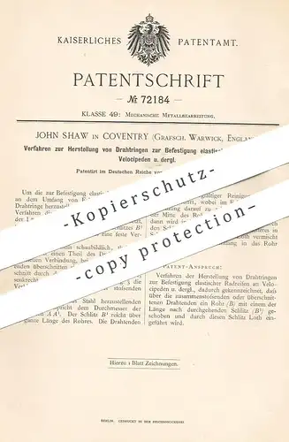 original Patent - John Shaw , Conventry , Grafschaft Warwick , England , 1893 , Drahtring für Radreifen an Velociped |
