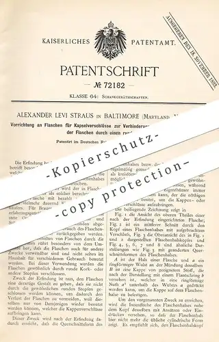 original Patent - Alexander Levi Straus , Baltimore , Maryland USA , 1893 | Flaschenverschluss | Flasche Verschluss Kork