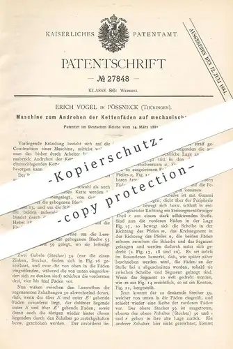 original Patent - Erich Vogel , Pössneck , Thüringen , 1883 , Andrehen der Kettenfäden | Webstuhl , Weben , Weber !!!