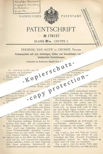 original Patent - Frederic Van Allen , Croissy , Frankreich , 1905 , Packmaschine für Papiertüten | Papier - Tüten !!