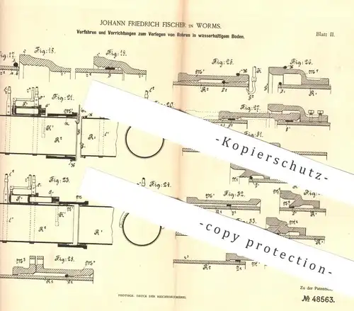 original Patent - Johann Friedrich Fischer , Worms , 1888 , Verlegen von Rohr in wasserhaltigem Boden | Klempner !!!