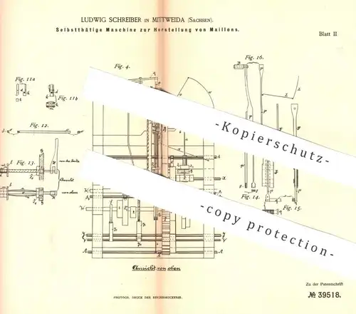 original Patent - Ludwig Schreiber , Mittweida , Sachsen , 1886 , Herstellung von Maillon | Kettenglied , Metall , Draht
