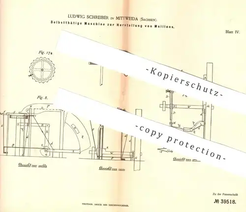 original Patent - Ludwig Schreiber , Mittweida , Sachsen , 1886 , Herstellung von Maillon | Kettenglied , Metall , Draht