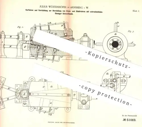 original Patent - Julius Wüstenhöfer , Arnsberg , 1889 , Herstellung von Rohr aus Eisen , Stahl mit Schweißnaht !!!