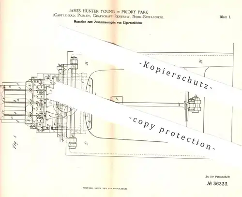 original Patent - James Hunter Young , Priory Park , Castlehead , Paisley , Renfrew , England , 1885 , Zigarren - Kiste