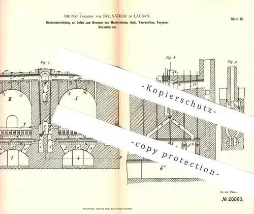 original Patent - Bruno Freiherr von Steinäcker , Lauban , Polen , 1883 , Ofen z. Brennen von Klinker , Porzellan , Kalk