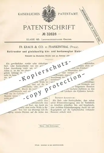 original Patent - Fr. Kraus & Co. , Frankenthal / Pfalz , 1884 , Rotierender Siebzylinder | Sieb | Mühle , Mühlen !!!