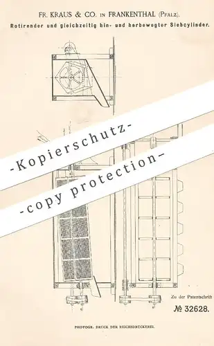 original Patent - Fr. Kraus & Co. , Frankenthal / Pfalz , 1884 , Rotierender Siebzylinder | Sieb | Mühle , Mühlen !!!