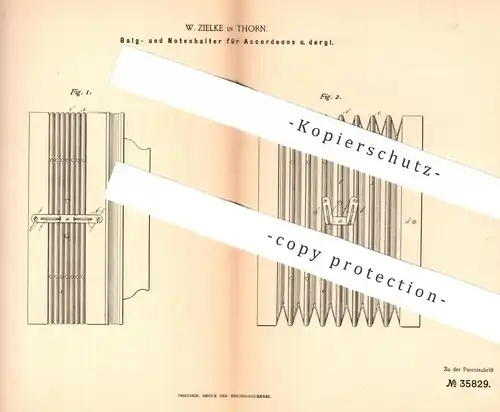 original Patent - W. Zielke , Thorn , 1885 , Balg- und Notenhalter für Akkordeon | Harmonika | Musikinstrument , Musik
