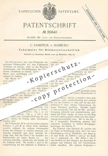 original Patent - C. Ramspeck , Hamburg , 1885 , Federmotor für Nähmaschinen | Nähmaschine , Motor !!!