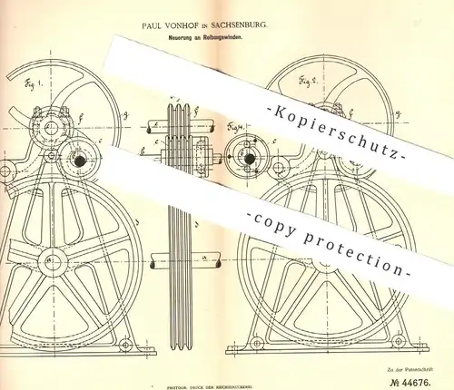 original Patent - Paul Vonhof , Sachsenburg , 1888 , Reibungswinde | Winde , Winden | Seilwinde , Aufzug , Hebezeug !!!