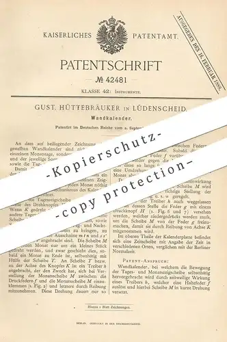 original Patent - Gust. Hüttebräuker , Lüdenscheid , 1887 , Wandkalender | Kalender , Kalendarium !!!