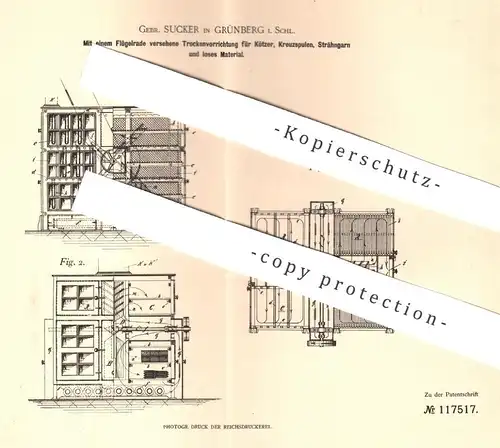 original Patent - Gebr. Sucker , Grünberg , Schlesien , 1900 , Trockenvorrichtung für Kötzer , Kreuzspule , Garn , Zwirn