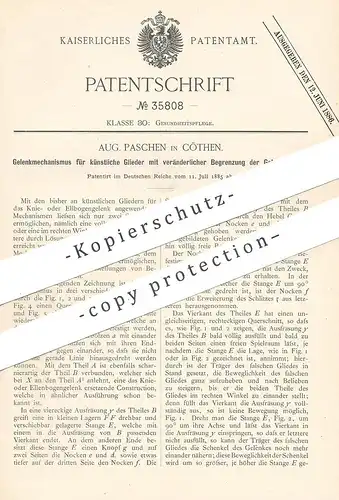 original Patent - Aug. Paschen , Cöthen / Köthen | 1885 | Gelenkmechanismus für künstliche Glieder | Gelenke | Medizin