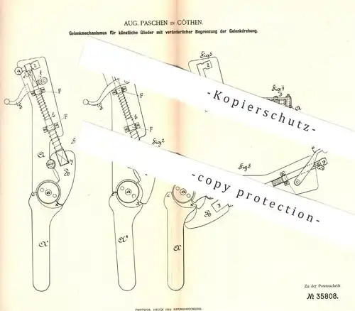 original Patent - Aug. Paschen , Cöthen / Köthen | 1885 | Gelenkmechanismus für künstliche Glieder | Gelenke | Medizin