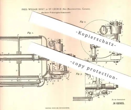 original Patent - Fred. William Holt , St. George , Neu Braunschweig , Canada , 1892 , Kolben - Flüssigkeitsmesser !!!