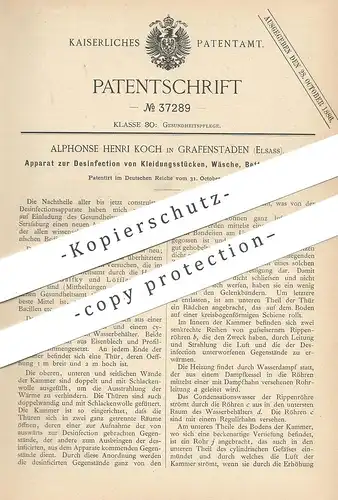 original Patent - Alphonse Henri Koch , Grafenstaden , Elsass , 1885 , Desinfektion von Kleidung , Wäsche, Bettwäsche !!