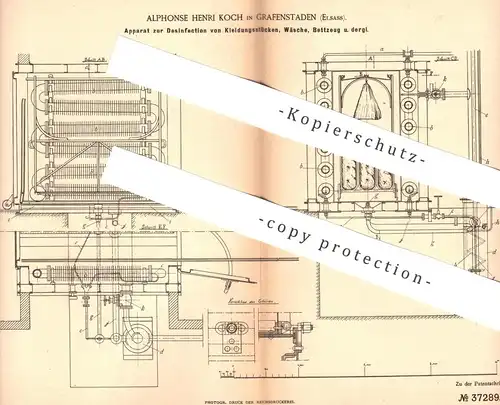 original Patent - Alphonse Henri Koch , Grafenstaden , Elsass , 1885 , Desinfektion von Kleidung , Wäsche, Bettwäsche !!