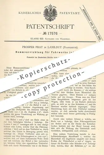 original Patent - Prosper Prat , Lanildut , Frankreich , 1881 , Hemmvorrichtung für Fuhrwerk | Kutsche , Wagen | Pferde