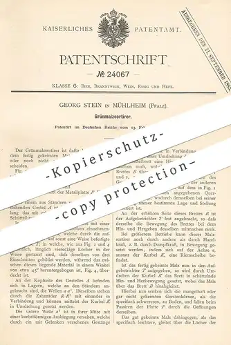 original Patent - Georg Stein , Mühlheim / Pfalz 1883 , Grünmalzsortierer | Malz - Sortierer | Maische , Bier , Brauerei