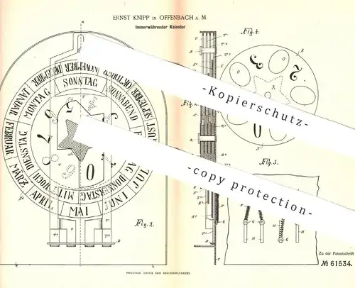 original Patent - Ernst Knipp , Offenbach / Main , 1891 , Immerwährender Kalender | Kalendarium | Uhr , Zeit !!!