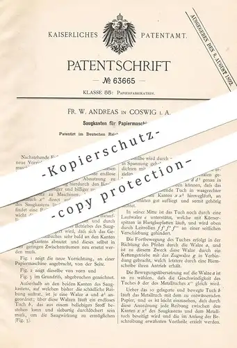 original Patent - Fr. W. Andreas , Coswig / Anhalt , 1891 , Saugkasten für Papiermaschinen | Papier | Papierfabrik !!!