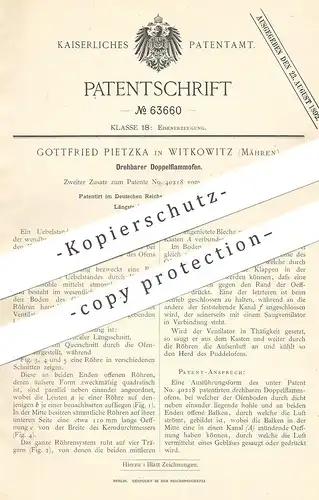 original Patent - Gottfried Pietzka , Witkowitz / Mähren , 1891 , Drehbarer Doppelflammofen | Flammofen | Ofen , Eisen