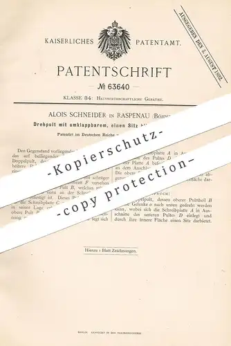 original Patent - Alois Schneider , Raspenau / Böhmen , 1891 , Drehpult , Pult | Rednerpult , Sitz , Bank !!
