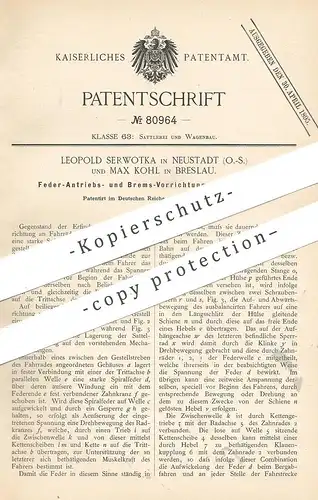 original Patent - Leopold Serwotka , Neustadt | Max Kohl , Breslau , 1894 , Antrieb u. Bremse für Fahrräder | Fahrrad !!