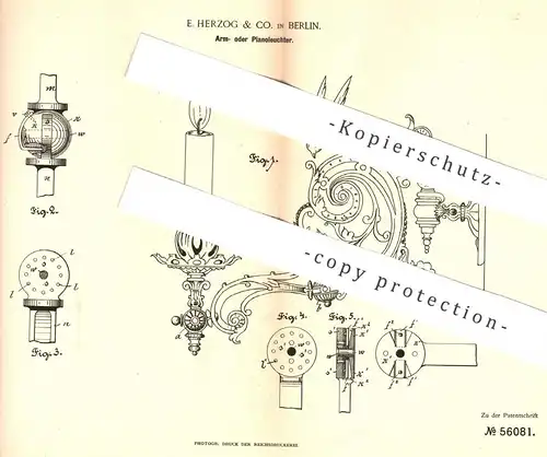 original Patent - E. Herzog & Co. , Berlin , 1890 , Armleuchter , Pianoleuchter | Leuchter für Piano | Lampe , Licht !!