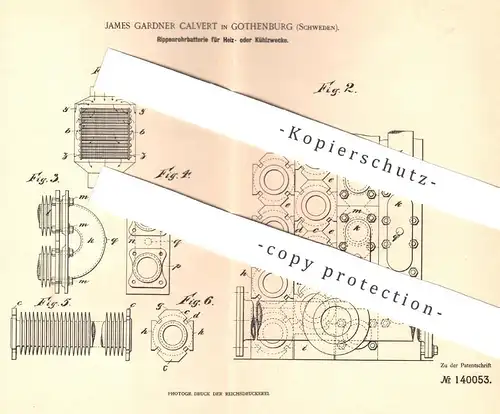 original Patent - James Gardner Calvert , Gothenburg , Schweden | Rippenrohrbatterie für Heizung o. Kühlung | Batterie