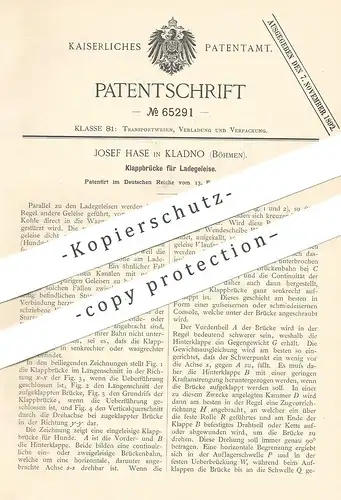 original Patent - Josef Hase , Kladno / Böhmen , 1892 , Klappbrücke für Ladegleise | Gleise , Eisenbahn , Brücke , Wagon