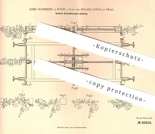 original Patent - Josef Schneider , Kolin / Elbe | Eduard Fanta , Prag , 1894 , Eisenbahn - Kupplung | Eisenbahnen !!!