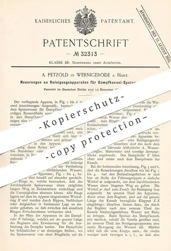 original Patent - A. Petzold , Wernigerode / Harz 1884 , Reinigung v. Dampfkessel - Speisewasser | Kessel , Wasserkessel