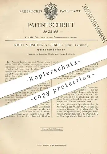 original Patent - Bertet & Sisteron , Grenoble , Isère , Frankreich , 1885 , Quetschmaschine | Mühle , Mühlen , Walze !