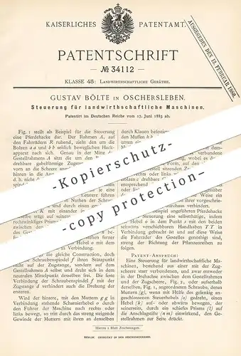 original Patent - Gustav Bölte , Oschersleben , 1885 , Steuerung für Landmaschinen | Pferdehacke , Pflug , Egge !!!