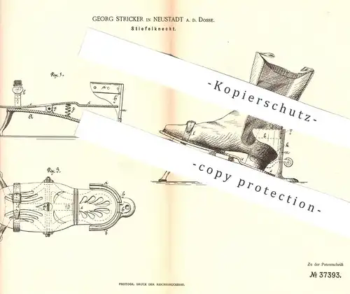 original Patent - Georg Stricker , Neustadt / Dosse , 1886 , Stiefelknecht | Stiefel - Knecht | Schuhe , Haushalt !!!