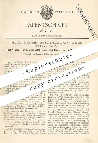 original Patent - Marcus F. Parrish , Schuyler J. Munn , Niles , Michigan USA 1884 | Signal für Eisenbahnen | Eisenbahn