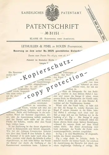original Patent - Lethuillier & Pinel , Rouen , Frankreich , 1884 , Sicherheitsventil für Dampfkessel | Schiff , Kessel