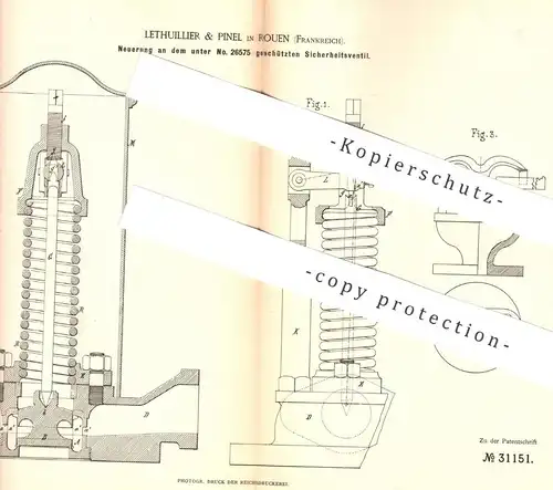 original Patent - Lethuillier & Pinel , Rouen , Frankreich , 1884 , Sicherheitsventil für Dampfkessel | Schiff , Kessel