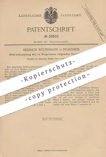 original Patent - Heinrich Witzenmann , Pforzheim , 1886 , Röhrenkupplung | Kupplung | Röhren , Rohr | Maschinen !!!