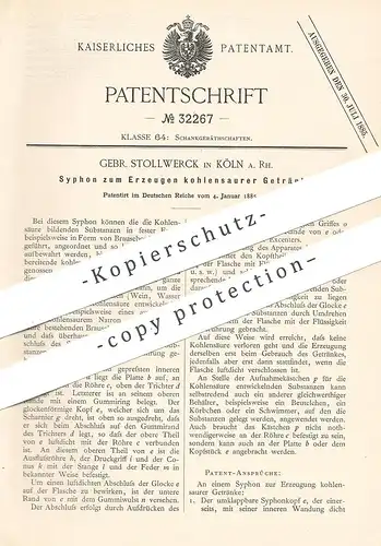 original Patent - Gebrüder Stollwerck , Köln / Rhein , 1885 , Syphon für kohlensaure Getränke | Kohlensäure , Brause !!!