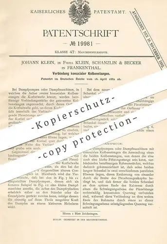 original Patent - Johann Klein | Klein, Schanzlin & Becker , Frankenthal 1882 | konachsiale Kolbenstange | Dampfmaschine